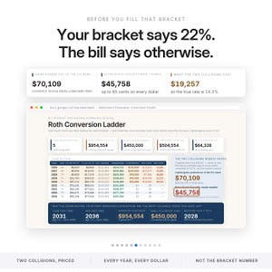 May include: A digital infographic titled Before You Fill That Bracket, featuring a Roth Conversion Ladder spreadsheet. It displays financial data, tax brackets, and calculations including $70,109, $45,758, and $19,257 in bold text against a white background.