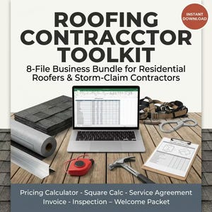 May include: A laptop displaying a spreadsheet sits among roofing tools and materials. The image includes a hammer, tape measure, and a clipboard with a diagram. Text reads "ROOFING CONTRACTOR TOOLKIT" and "INSTANT DOWNLOAD."