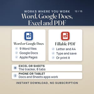 Where it works: resumes and letters in Word or Google Docs, 9 Word files that also open in Apple Pages; the Interview Prep Kit as a fillable PDF on Letter and A4 to type, save or print; the tracker in Excel or Google Sheets with 8 tabs, on a computer, phone or tablet.