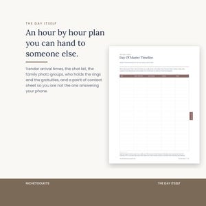 The day of master timeline page, an hour by hour plan you can hand to someone else, covering vendor arrival times, the shot list, family photo groups, who holds the rings and gratuities, and a point of contact sheet.