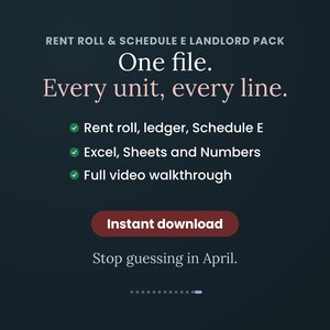 Może przedstawiać: Cyfrowy dokument zatytułowany Rent Roll & Schedule E Landlord Pack z tekstem One file. Every unit, every line. Zawiera funkcje takie jak rent roll, ledger, Schedule E, kompatybilność z Excel, Sheets, Numbers oraz wideo instruktażowe.