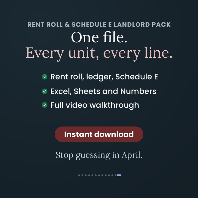 Może przedstawiać: Cyfrowy dokument zatytułowany Rent Roll & Schedule E Landlord Pack z tekstem One file. Every unit, every line. Zawiera funkcje takie jak rent roll, ledger, Schedule E, kompatybilność z Excel, Sheets, Numbers oraz wideo instruktażowe.