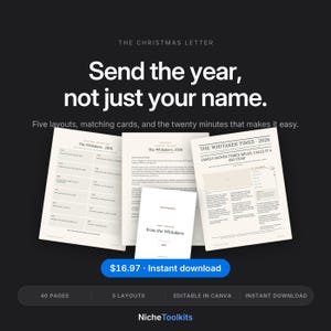 Może przedstawiać: Zestaw cyfrowych szablon&oacute;w do listu świątecznego zawierający pięć układ&oacute;w i pasujące kartki. Tekst brzmi: The Christmas Letter, Send the year, not just your name, Five layouts, matching cards, and the twenty minutes that makes it easy.