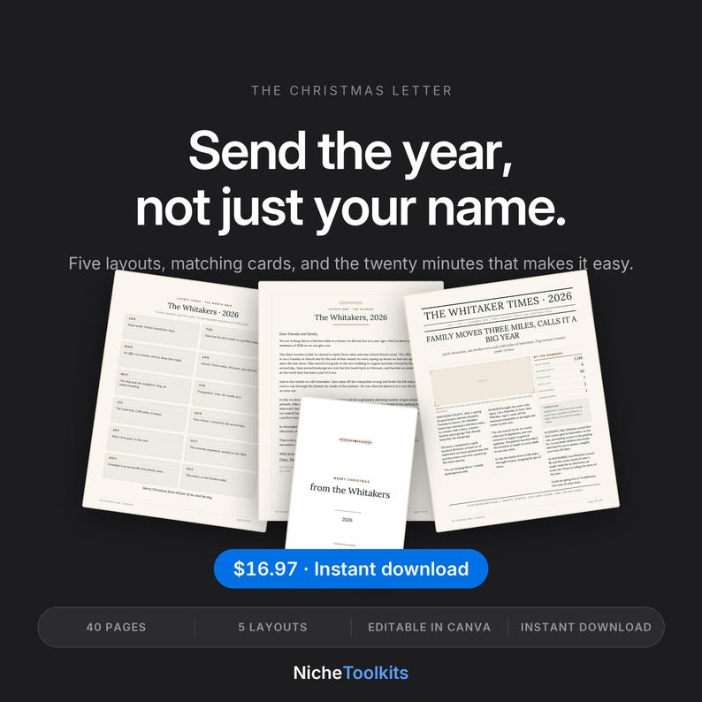 Może przedstawiać: Zestaw cyfrowych szablon&oacute;w do listu świątecznego zawierający pięć układ&oacute;w i pasujące kartki. Tekst brzmi: The Christmas Letter, Send the year, not just your name, Five layouts, matching cards, and the twenty minutes that makes it easy.