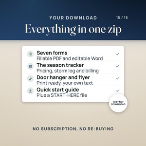 Everything in one zip: seven forms in fillable PDF and editable Word, the season tracker for pricing, the storm log and billing, the door hanger and flyer, and a quick start guide.