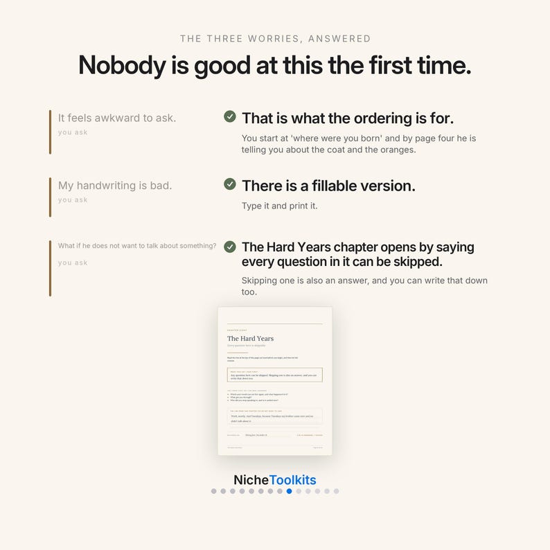 Może przedstawiać: Grafika informacyjna zatytułowana The Three Worries, Answered z tekstem Nobody is good at this the first time. Wymienia trzy typowe obawy dotyczące kwestionariusza, podaje rozwiązania dla każdej z nich i pokazuje przykładową stronę The Hard Years.
