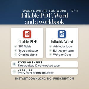 Works where you work: fillable PDF forms with 381 fields, editable Word files to add your logo, and a 12-tab tracker for Excel or Google Sheets.