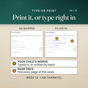 The week 12 theme page, I Am Thankful, shown as shipped and filled in. The filled copy reads Juniper, pancakes and my family, Mom, Dad, Juniper and Pip the cat, Grandma, and 6 hexagons counted. The name typed once fills every page of the week.