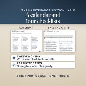 Two binder pages: the Maintenance Calendar with a box for each month and printed suggestions, and the Fall and Winter Checklist with a reminder to hire a licensed pro for gas, electrical and roof work. The four checklist pages hold 72 printed tasks.