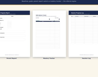 Puede incluir: Un paquete de progreso y evaluación estudiantil con tres documentos: un informe de progreso, un rastreador de dominio de habilidades y un registro de progreso de sesión. El encabezado dice Prove the progress, Baselines, goals.
