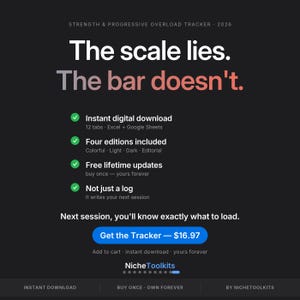 Peut inclure: Un outil de suivi de force et de surcharge progressive num&eacute;rique pour 2026 sur fond noir avec du texte blanc. Il pr&eacute;sente le titre The scale lies. The bar doesn't. et liste des fonctionnalit&eacute;s comme le t&eacute;l&eacute;chargement instantan&eacute; et les mises &agrave; jour.