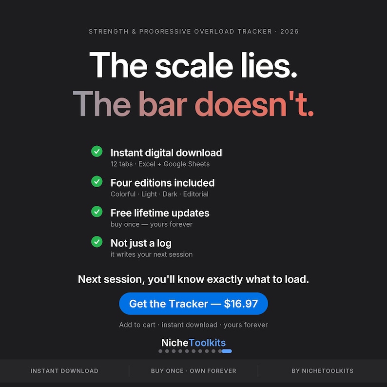 Peut inclure: Un outil de suivi de force et de surcharge progressive num&eacute;rique pour 2026 sur fond noir avec du texte blanc. Il pr&eacute;sente le titre The scale lies. The bar doesn't. et liste des fonctionnalit&eacute;s comme le t&eacute;l&eacute;chargement instantan&eacute; et les mises &agrave; jour.