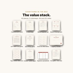 May include: A collection of 62 printable party game pieces in 5 colourways, available in A4 and US Letter sizes. The set includes questionnaire styles, a White Elephant set, a Steal or Unwrap deck, a LEFT-RIGHT story game, a Dice Swap game, and ballots.
