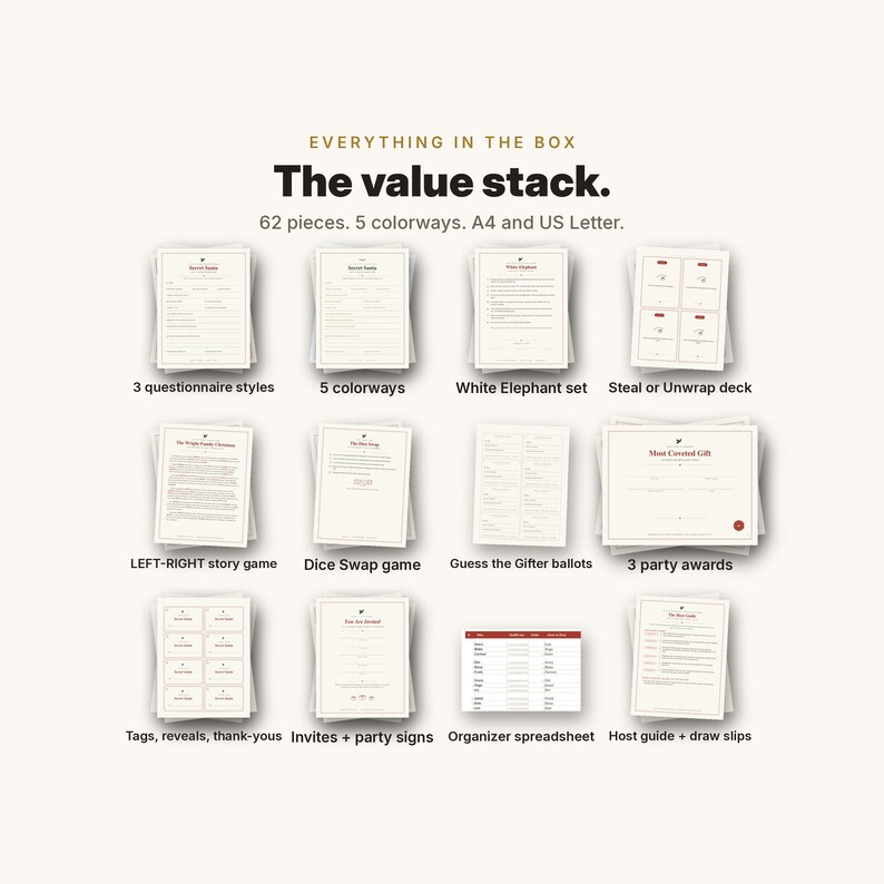 May include: A collection of 62 printable party game pieces in 5 colourways, available in A4 and US Letter sizes. The set includes questionnaire styles, a White Elephant set, a Steal or Unwrap deck, a LEFT-RIGHT story game, a Dice Swap game, and ballots.