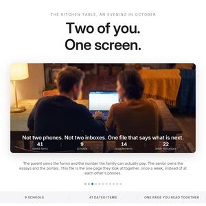 May include: A digital graphic featuring the text THE KITCHEN TABLE, AN EVENING IN OCTOBER, Two of you. One screen. Below, two people sit at a wooden table looking at a laptop. Text reads: Not two phones. Not two inboxes. One file that says what is next.