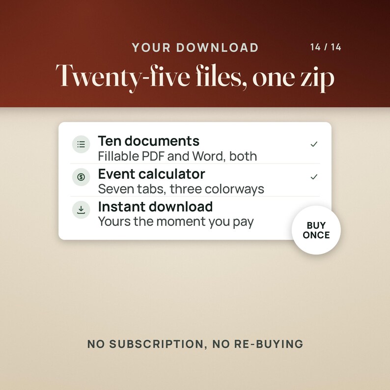 Op de afbeelding: Een digitale download-infographic met de tekst: YOUR DOWNLOAD 14/14, Twenty-five files, one zip. Een lijst bevat: Ten documents, Fillable PDF and Word, both; Event calculator, Seven tabs, three colorways; Instant download, Yours the moment you pay. Een cirkelvormige badge toont BUY ONCE. Tekst onderaan: NO SUBSCRIPTION, NO RE-BUYING.