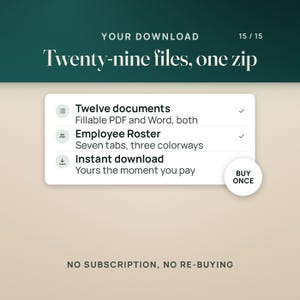 May include: A digital product information graphic with a dark green header reading YOUR DOWNLOAD 15/15 and Twenty-nine files, one zip. The white central box lists Twelve documents, Employee Roster, and Instant download. A circular badge says BUY ONCE.