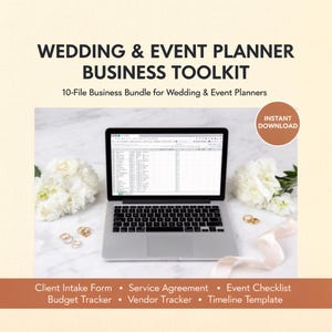 May include: A laptop displaying a spreadsheet, part of a Wedding & Event Planner Business Toolkit. The image includes text: "WEDDING & EVENT PLANNER BUSINESS TOOLKIT" and "INSTANT DOWNLOAD". Additional text includes "Client Intake Form", "Service Agreement", and "Event Checklist".