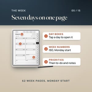 Week 11 (Mar 15 to 21, 2027) on an e-ink tablet: seven day boxes that link to their day pages, ISO week numbers on the Monday-start editions, priorities and to-do lines below the days.