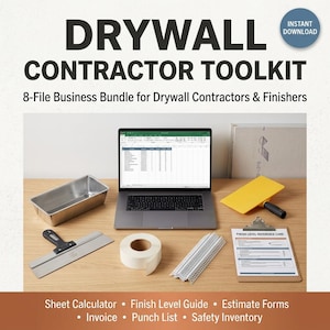 Op de afbeelding: Een afbeelding van een drywall contractor toolkit, met een laptop, metalen bak, plamuurmes, rol tape en een gele gipsmes. Tekst omvat "DRYWALL CONTRACTOR TOOLKIT" en "8-File Business Bundle voor Drywall Contractors & Finishers".