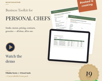 Personal Chef Business Toolkit | Chef Forms Bundle with Client Intake, Contract, Meal Planner & Menu Pricing | Editable Excel PDF Canva