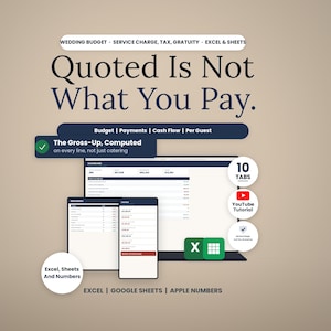 Op de afbeelding: Een digitaal spreadsheet-hulpmiddel voor huwelijksbudgetten voor Excel, Google Sheets en Apple Numbers. Het scherm toont een dashboard met financi&euml;le gegevens, 10 tabbladen en een YouTube-tutoriallink. Tekst: Quoted Is Not What You Pay, The Gross-Up.