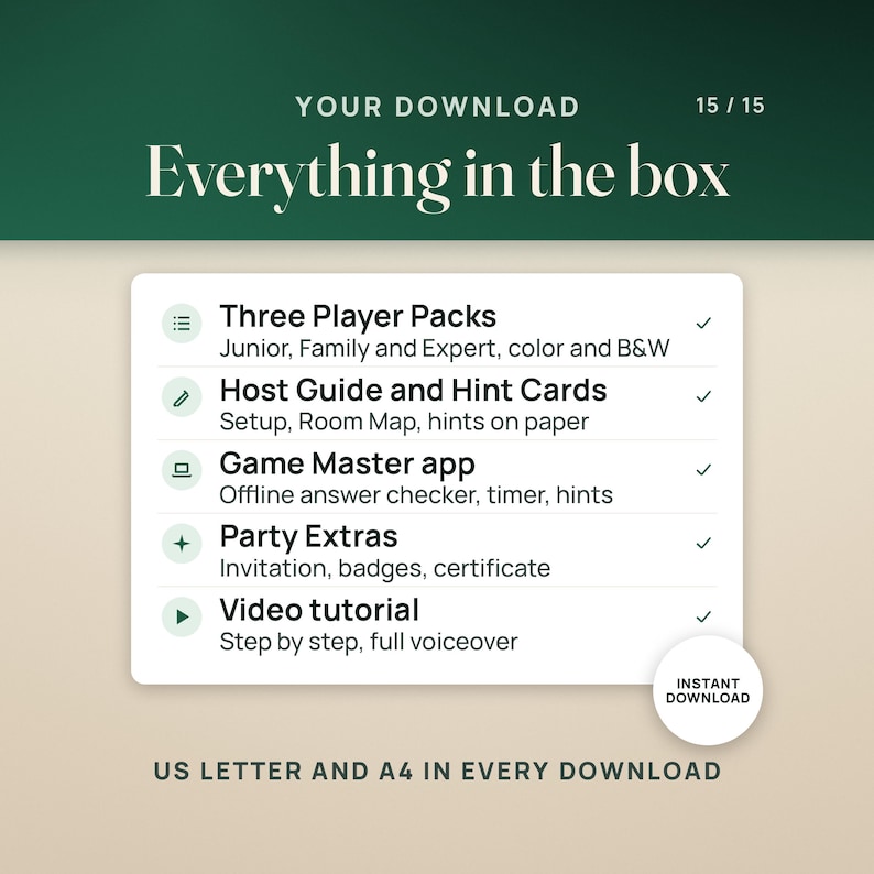What you get: three Player Packs (Junior, Family, Expert) in color and B&W, the Host Guide and Hint Cards, the offline Game Master app, Party Extras and a video tutorial. US Letter and A4, instant download.