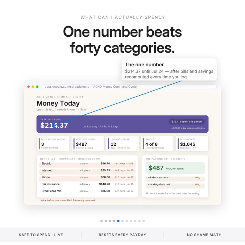 ADHD Budget Spreadsheet Money Command Center for Excel and Google Sheets | Safe to Spend Paycheck Budget Impulse Tracker | Light Dark Mode image 5