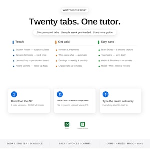 May include: A digital organisational tool featuring the text Twenty tabs. One tutor. It includes three sections labelled Teach, Get paid, and Stay sane with bulleted lists, plus three numbered steps for downloading, opening in Excel or Google Sheets.