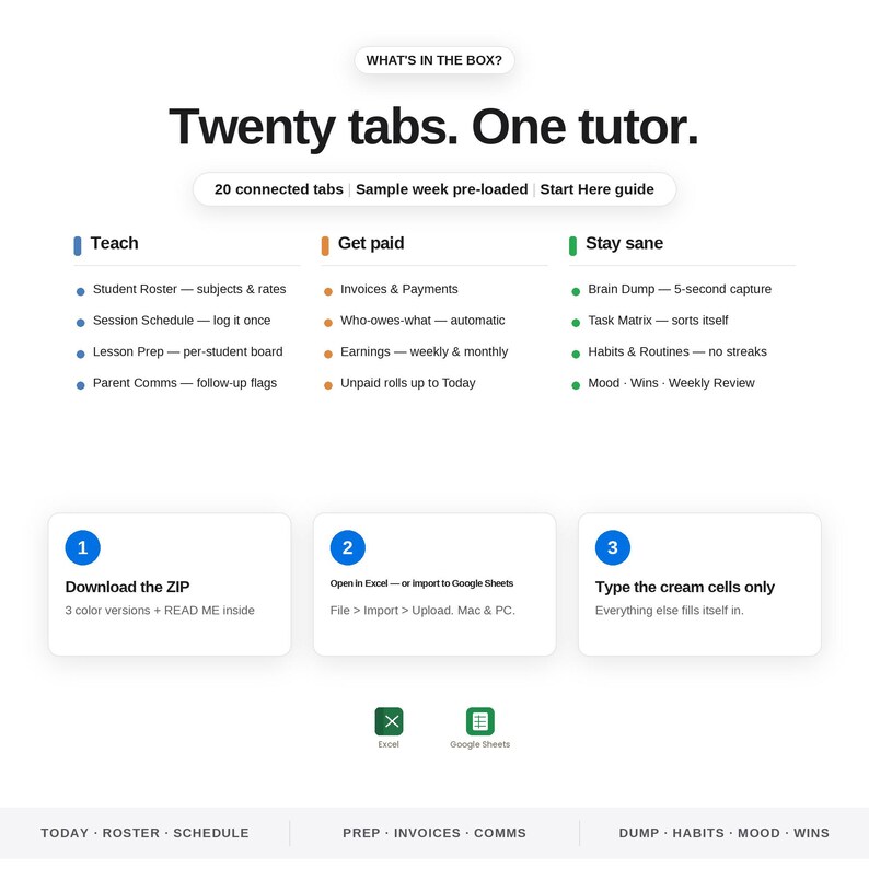 May include: A digital organisational tool featuring the text Twenty tabs. One tutor. It includes three sections labelled Teach, Get paid, and Stay sane with bulleted lists, plus three numbered steps for downloading, opening in Excel or Google Sheets.