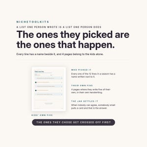 Op de afbeelding: Een witte informatieve afbeelding met de titel NICHETOOLKITS en de tekst The ones they picked are the ones that happen. Het bevat een lijst genaamd Their own five, secties die Who picked it, Their own five, The jar settles it uitleggen, en een donkere knop met de tekst THE ONES THEY CHOSE GET CROSSED OFF FIRST.