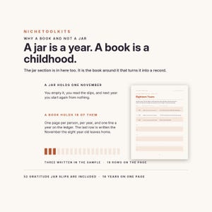 May include: A white informational graphic titled NicheToolKits with the text A jar is a year. A book is a childhood. It explains the concept of a ledger book for recording memories over eighteen years, featuring a sample page and fifty-two slips.