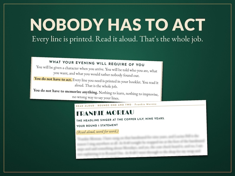 K&ouml;nnte beinhalten: Zwei wei&szlig;e rechteckige Anleitungskarten mit schwarzem Text auf dunkelgr&uuml;nem Hintergrund. Die obere Karte lautet: NOBODY HAS TO ACT. Every line is printed. Read it aloud. That's the whole job. Die untere Karte zeigt den Namen FRANKIE MOREAU.