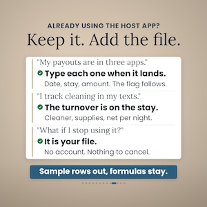 Pode incluir: Um gr&aacute;fico digital com o texto ALREADY USING THE HOST APP? Keep it. Add the file. Lista tr&ecirc;s cen&aacute;rios com marcas de verifica&ccedil;&atilde;o: My payouts are in three apps, I track cleaning in my texts e What if I stop using it? com as solu&ccedil;&otilde;es.