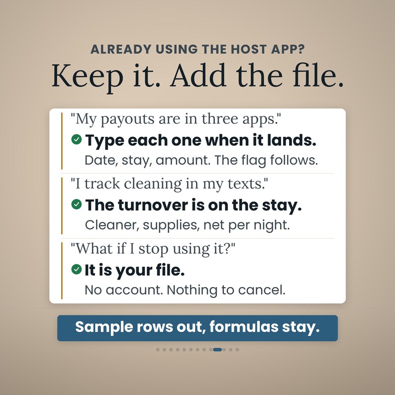 Pode incluir: Um gr&aacute;fico digital com o texto ALREADY USING THE HOST APP? Keep it. Add the file. Lista tr&ecirc;s cen&aacute;rios com marcas de verifica&ccedil;&atilde;o: My payouts are in three apps, I track cleaning in my texts e What if I stop using it? com as solu&ccedil;&otilde;es.