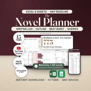 May include: The Novel Planner digital tool for Excel and Sheets features a writing log, outline, beat sheet, and queries. It displays 13 tabs, a dashboard with word count tracking, a progress bar, and a mobile view showing daily writing goals.