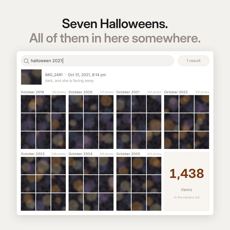 May include: A digital interface displaying a search result for halloween 2021 with the text Seven Halloweens. All of them in here somewhere. It features a grid of photo thumbnails labeled by year from October 2019 to October 2025 and a box showing 1,438 items.