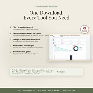 Pu&ograve; includere: Un'interfaccia di dashboard fitness digitale visualizzata su uno schermo di un portatile, con grafici, monitoraggio del peso e dati nutrizionali. Il testo include 'One Download, Every Tool You Need' ed elenca funzioni come il registro allenamenti.