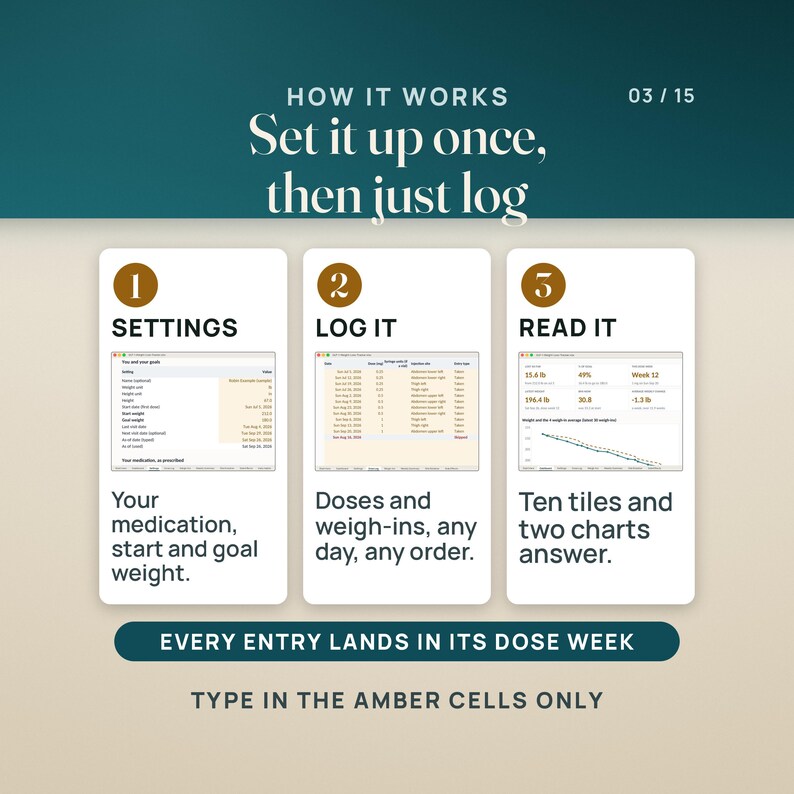 How it works in three steps, each with a real screen: fill in Settings with your medication, start and goal weight; log doses and weigh-ins on any day in any order; then read the Dashboard's tiles and two charts. Every entry lands in its dose week. Type in the amber cells only.