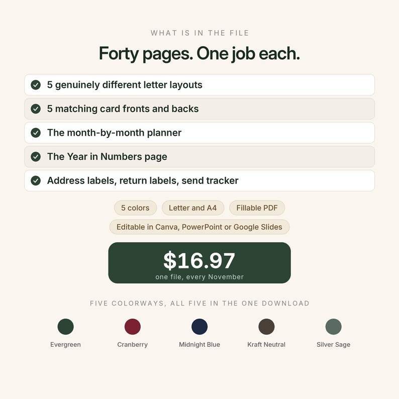 Może przedstawiać: Cyfrowa grafika informacyjna o produkcie z tytułem Forty pages. One job each. Zawiera listę pięciu układ&oacute;w list&oacute;w, pięciu pasujących przod&oacute;w i tył&oacute;w kart, planera miesięcznego, strony Year in Numbers oraz etykiet. Zawiera pięć wariant&oacute;w kolorystycznych: Evergreen, Cranberry, Midnight Blue, Kraft Neutral i Silver Sage.