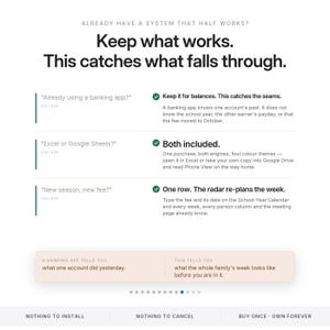 May include: A digital infographic with black text on a white background. The header reads: Already have a system that half works? Keep what works. This catches what falls through. It lists three comparison points with green checkmarks and text.