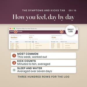 May include: A digital spreadsheet interface titled Pregnancy-Baby-First-Year-Planner.xlsx showing a Symptoms and Kicks tab. It features sections for daily logs, symptom tracking, sleep, water intake, and kick counts with three hundred rows for data entry.