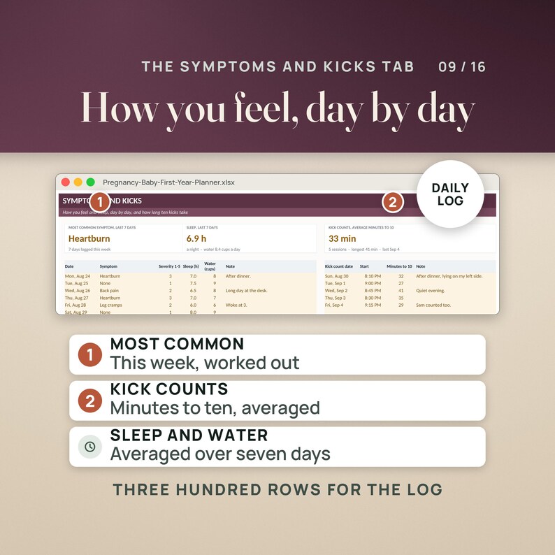 May include: A digital spreadsheet interface titled Pregnancy-Baby-First-Year-Planner.xlsx showing a Symptoms and Kicks tab. It features sections for daily logs, symptom tracking, sleep, water intake, and kick counts with three hundred rows for data entry.
