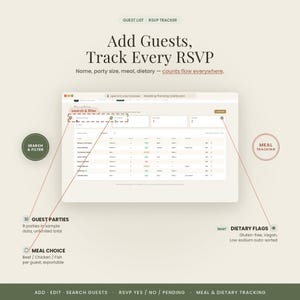 May include: A digital wedding planning dashboard interface displaying a guest list and RSVP tracker. The screen features search and filter tools, guest party management, meal choice tracking, and dietary flags for gluten-free, vegan, and low sodium options.