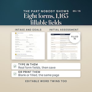 Op de afbeelding: Een digitale documentweergave met de titel THE PART NOBODY SHOWS, Eight forms, 1,163 fillable fields. Het bevat twee secties, INTAKE AND GOALS en INITIAL ASSESSMENT, met tekstvakken, selectievakjes en een ronde FILLED IN-badge. Bevat instructies om TYPE IN THEM of PRINT THEM, en een opmerking over bewerkbare Word-bestanden.