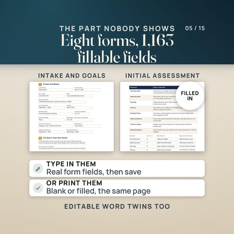 Op de afbeelding: Een digitale documentweergave met de titel THE PART NOBODY SHOWS, Eight forms, 1,163 fillable fields. Het bevat twee secties, INTAKE AND GOALS en INITIAL ASSESSMENT, met tekstvakken, selectievakjes en een ronde FILLED IN-badge. Bevat instructies om TYPE IN THEM of PRINT THEM, en een opmerking over bewerkbare Word-bestanden.