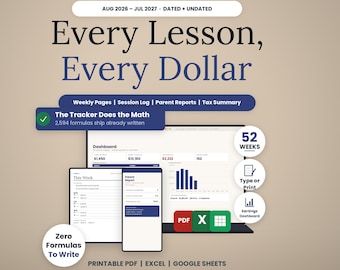 May include: A digital financial tracker for tutors featuring the text Every Lesson, Every Dollar, Aug 2026 - Jul 2027, Dated + Undated. Includes weekly pages, session logs, parent reports, tax summaries, and an earnings dashboard for PDF, Excel, and Google Sheets.