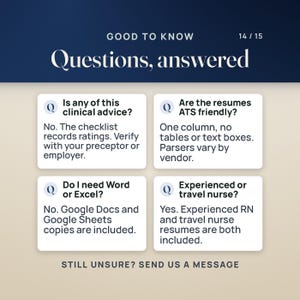 Questions answered: the kit is not clinical advice and the checklist records ratings to verify with a preceptor or employer; the resumes are one column with no tables or text boxes; Google Docs and Google Sheets copies mean no Word or Excel is needed; experienced RN and travel nurse resumes are both included.