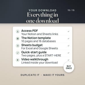 Everything in one download: an access PDF with your Notion and Sheets links, the Notion template with 10 pages and 16 databases, the Sheets budget for Excel and Google Sheets, a two-page quick-start guide plus START-HERE, and a video walkthrough linked inside your download.