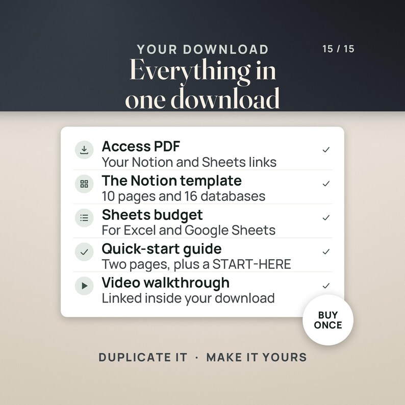 Everything in one download: an access PDF with your Notion and Sheets links, the Notion template with 10 pages and 16 databases, the Sheets budget for Excel and Google Sheets, a two-page quick-start guide plus START-HERE, and a video walkthrough linked inside your download.